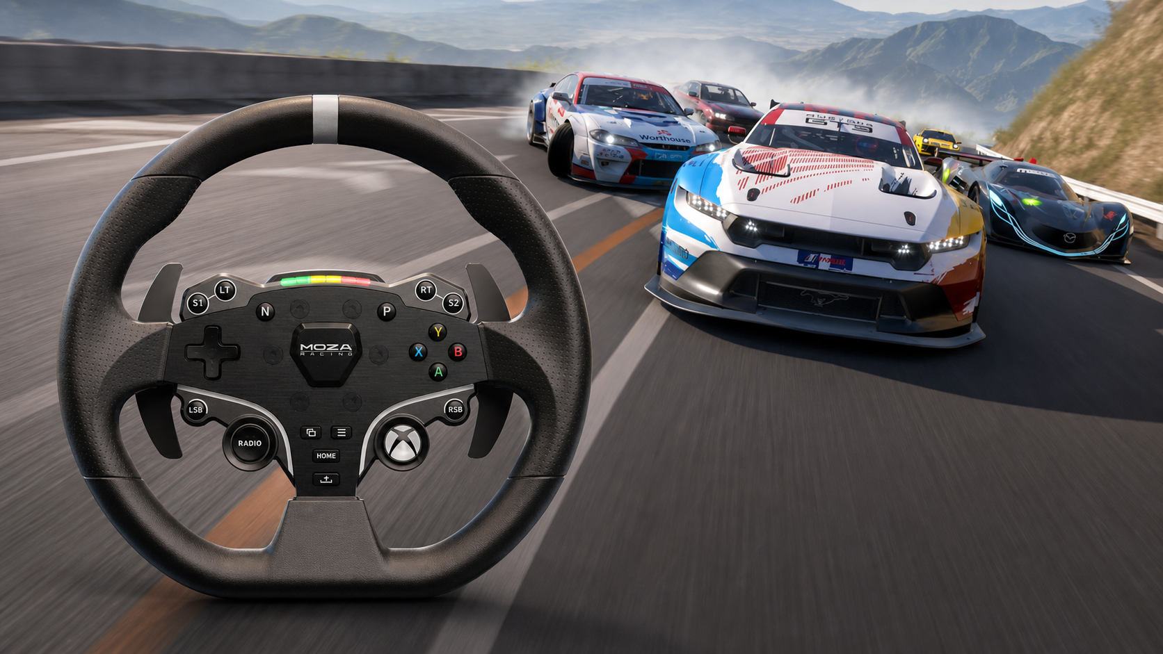 MOZA steering wheel in front of a circuit-racing scene for a Forza Motorsport settings guide