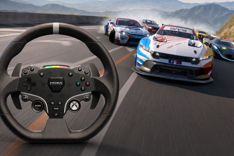 MOZA steering wheel in front of a circuit-racing scene for a Forza Motorsport settings guide