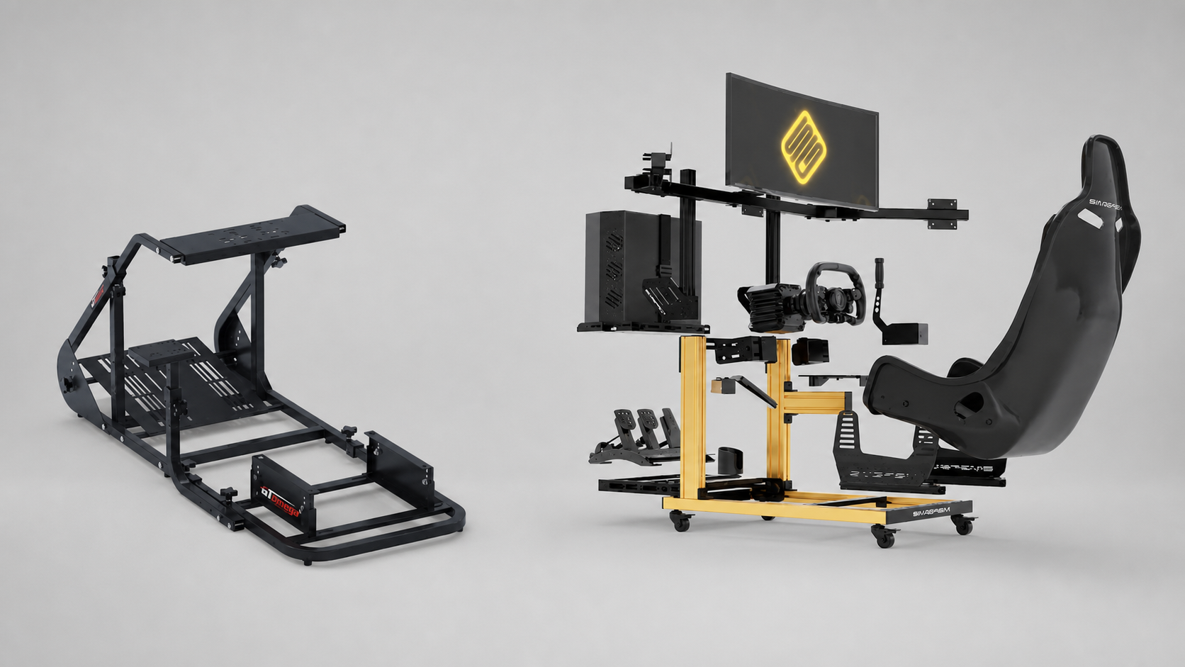 GT Omega ART and SIMGASM Hobby sim racing cockpits shown side by side for comparison