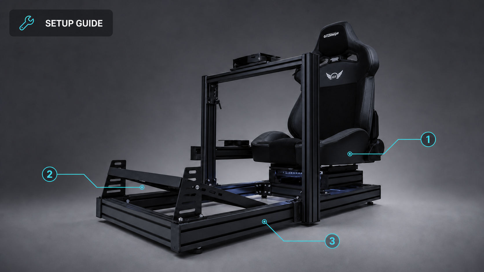 GT Omega Prime Lite cockpit showing seat mounting and aluminium-profile channels for ergonomic setup and cable routing
