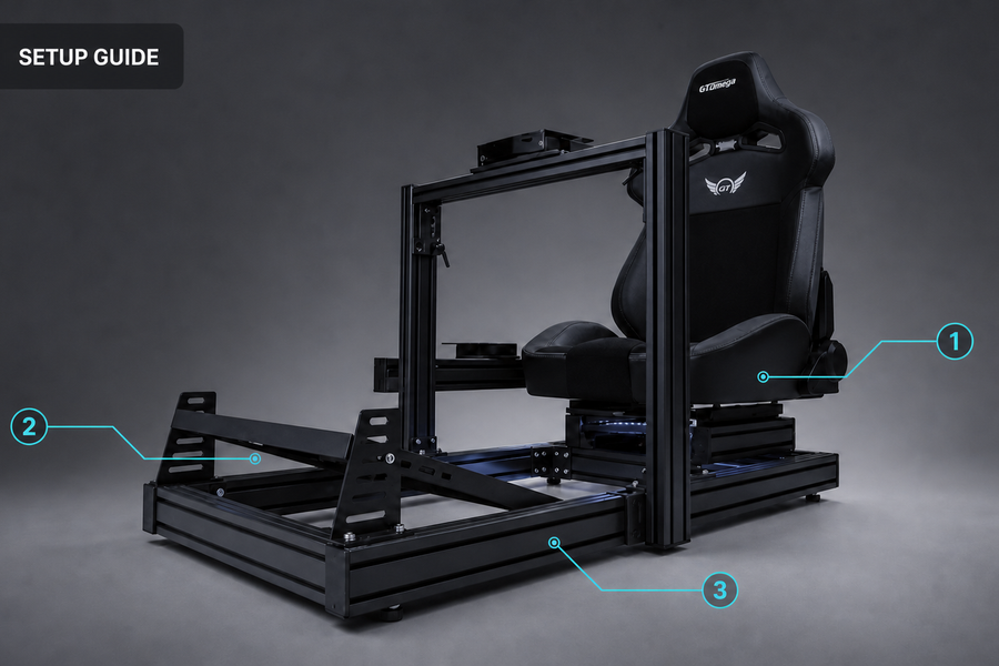 GT Omega Prime Lite cockpit showing seat mounting and aluminium-profile channels for ergonomic setup and cable routing