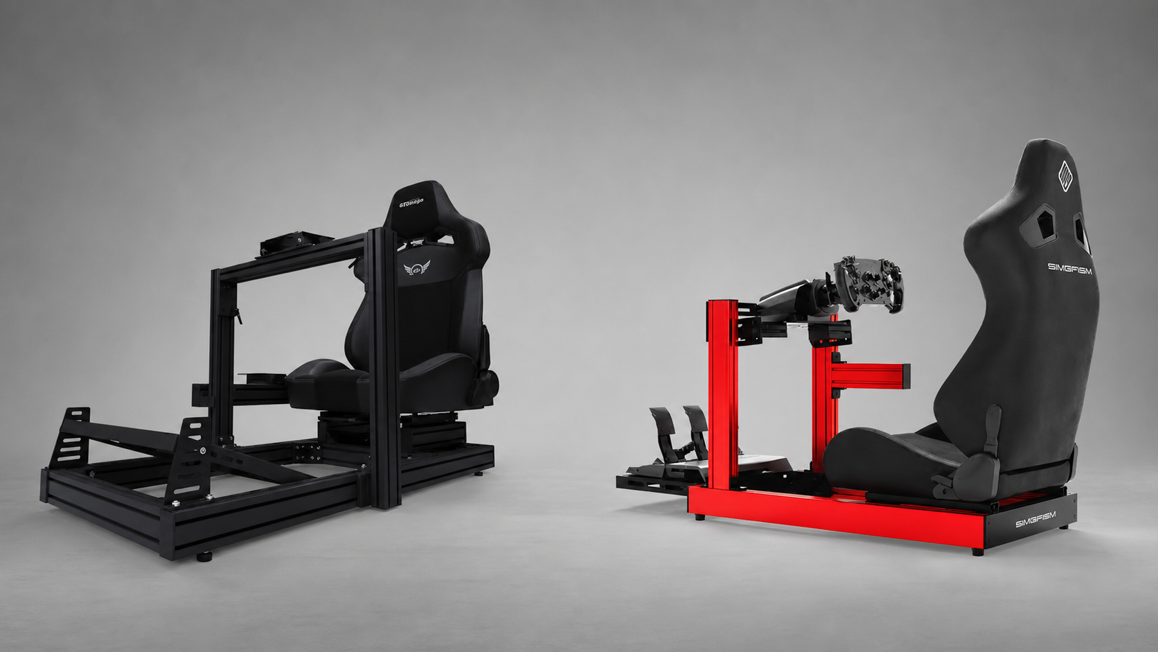 GT Omega Prime Lite and SIMGASM Club 8040 aluminium-profile sim racing cockpits shown side by side
