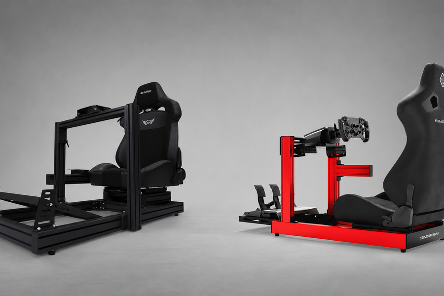 GT Omega Prime Lite and SIMGASM Club 8040 aluminium-profile sim racing cockpits shown side by side