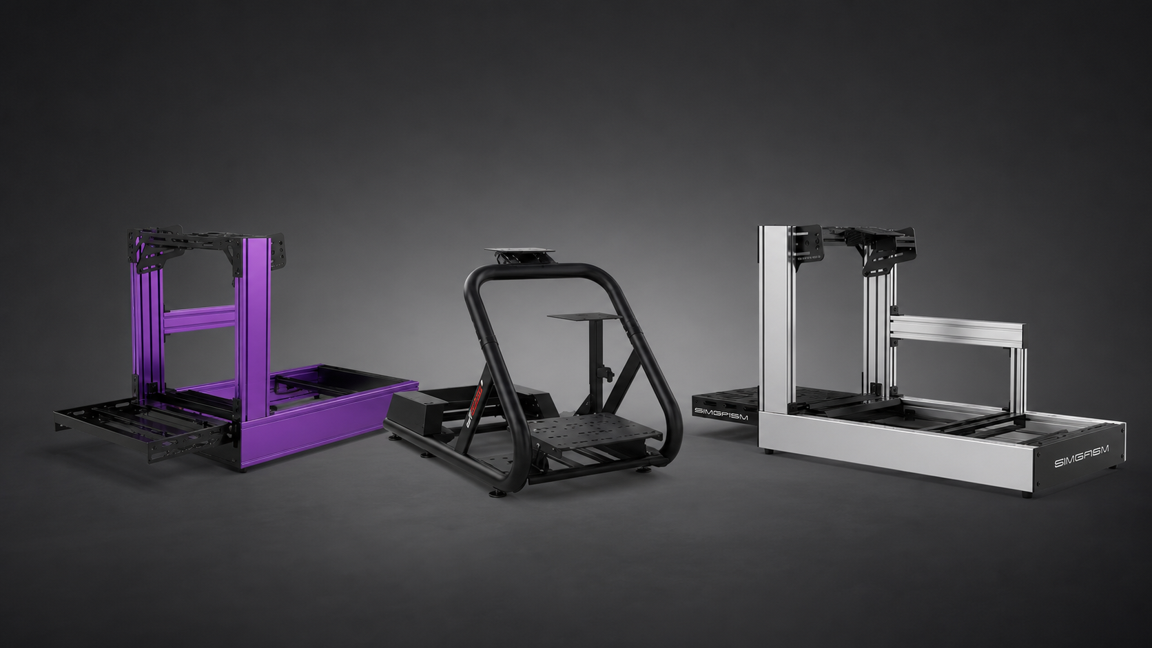 GT Omega Titan tubular cockpit beside purple and silver aluminium-profile sim racing rigs for direct-drive comparison
