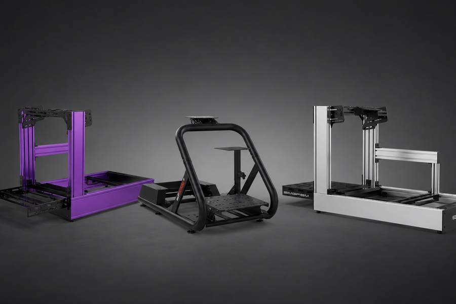 GT Omega Titan tubular cockpit beside purple and silver aluminium-profile sim racing rigs for direct-drive comparison