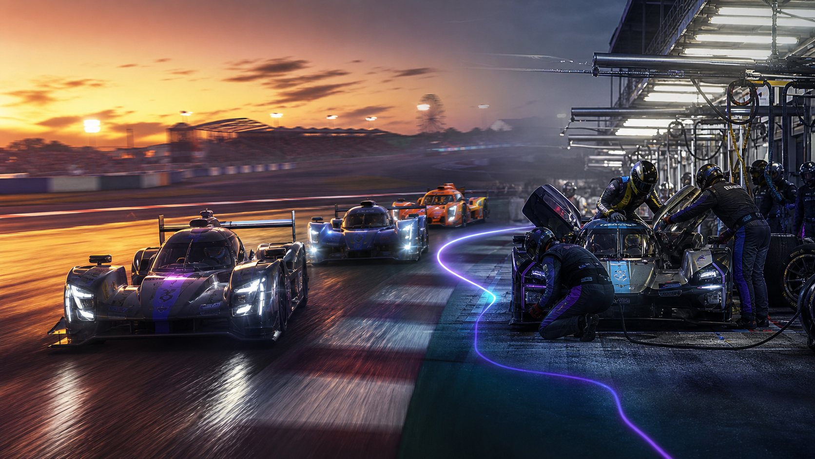 iRacing prototype endurance race flowing into a coordinated pit stop and driver-change scene.