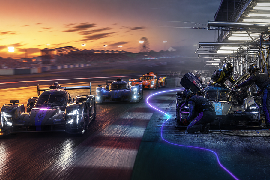 iRacing prototype endurance race flowing into a coordinated pit stop and driver-change scene.