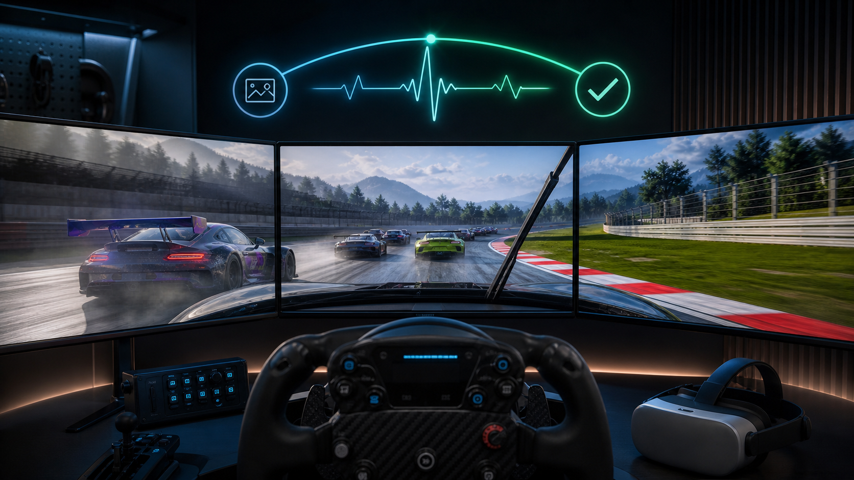 iRacing triple-monitor setup with a VR headset and balanced graphics and performance indicators.
