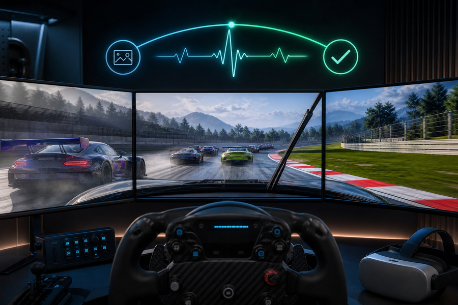 iRacing triple-monitor setup with a VR headset and balanced graphics and performance indicators.
