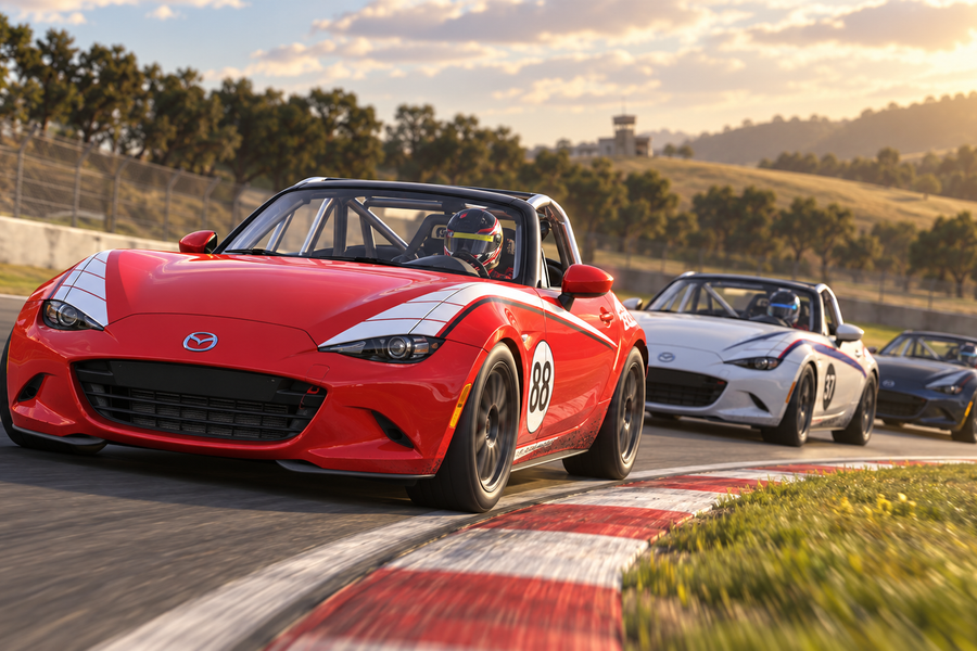 AI-generated editorial illustration of Mazda MX-5 Cup cars racing through a sunlit circuit corner