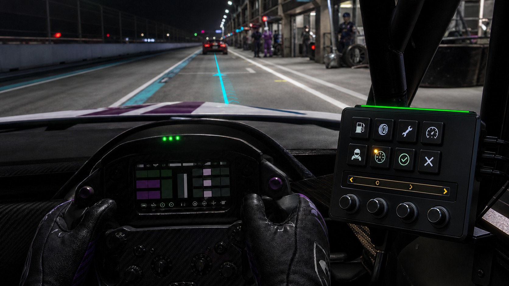 iRacing cockpit entering the pits with a mounted eight-key macro controller and four rotary controls.