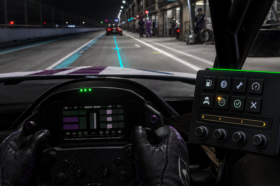 iRacing cockpit entering the pits with a mounted eight-key macro controller and four rotary controls.