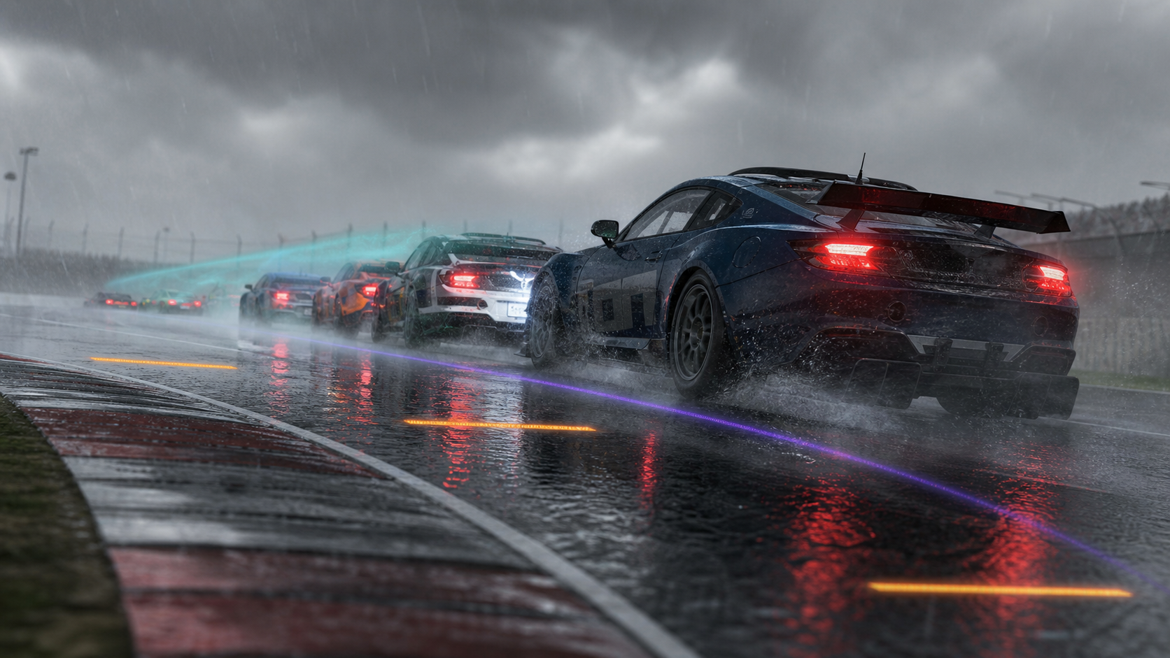 iRacing GT cars in heavy rain following braking references and a consistent wet racing line.