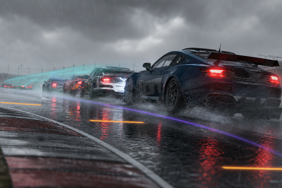 iRacing GT cars in heavy rain following braking references and a consistent wet racing line.