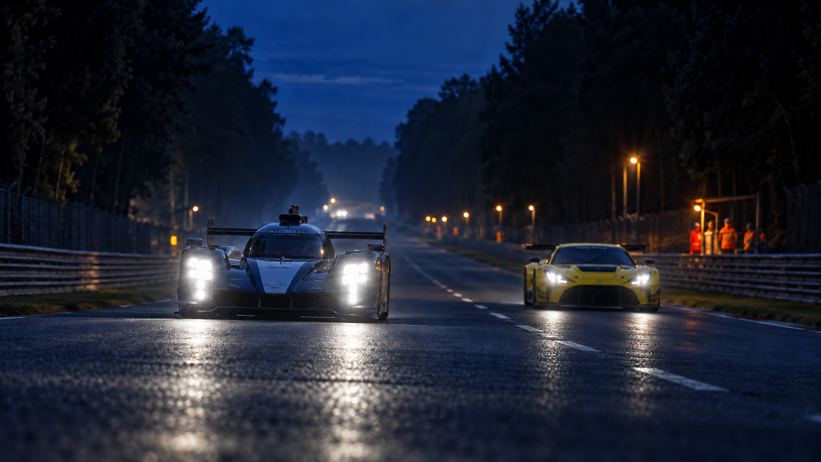 An endurance prototype and a yellow GT car approaching on a circuit at night.