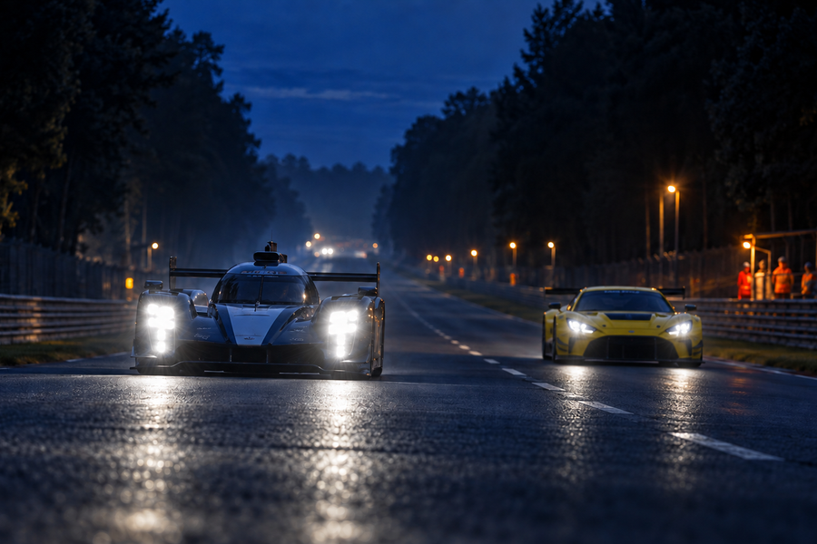 An endurance prototype and a yellow GT car approaching on a circuit at night.