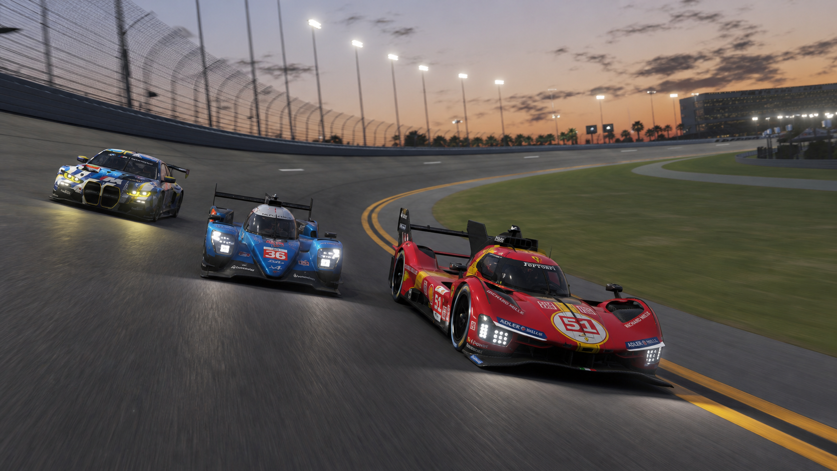 Hypercar, LMP2 and LMGT3 cars racing on the Daytona banking at dusk in a Le Mans Ultimate-style scene