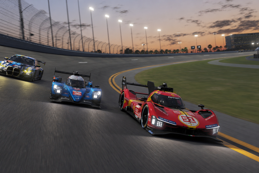 Hypercar, LMP2 and LMGT3 cars racing on the Daytona banking at dusk in a Le Mans Ultimate-style scene