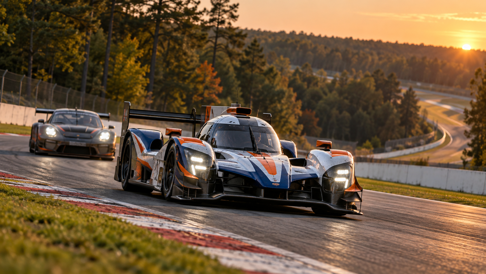 Endurance prototype and GT3 car on a wooded circuit at sunset, in a Road Atlanta-inspired racing illustration.
