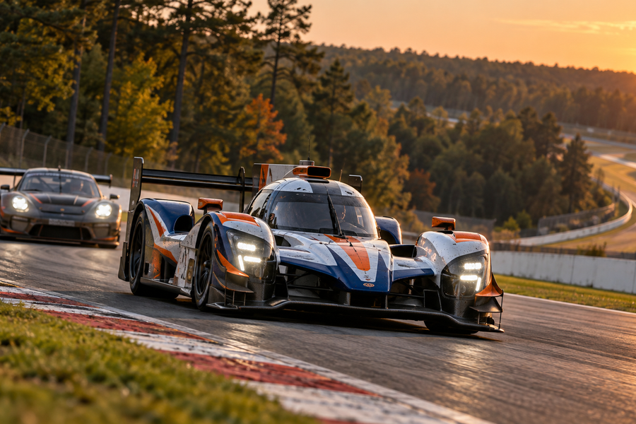 Endurance prototype and GT3 car on a wooded circuit at sunset, in a Road Atlanta-inspired racing illustration.