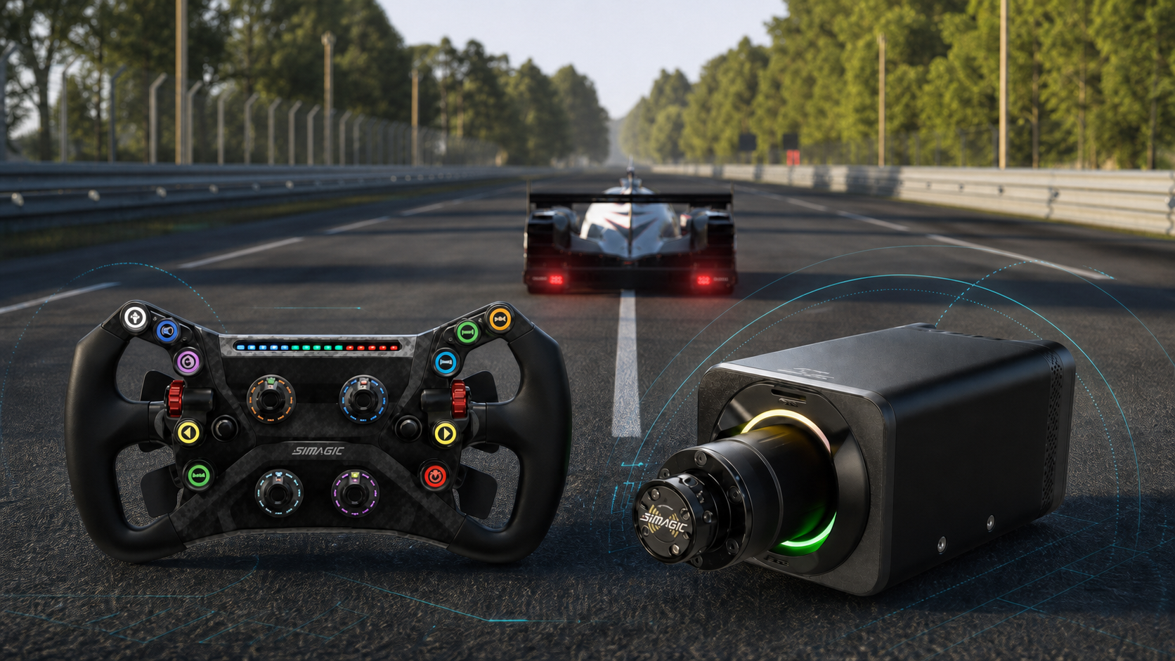 Direct-drive wheelbase and formula steering wheel in front of a Le Mans prototype racing scene for a settings guide