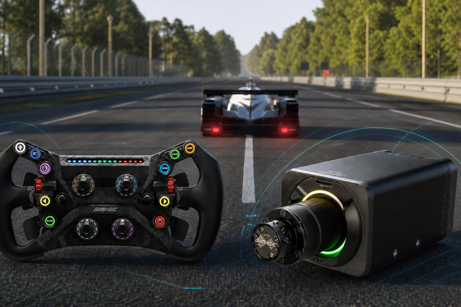 Direct-drive wheelbase and formula steering wheel in front of a Le Mans prototype racing scene for a settings guide
