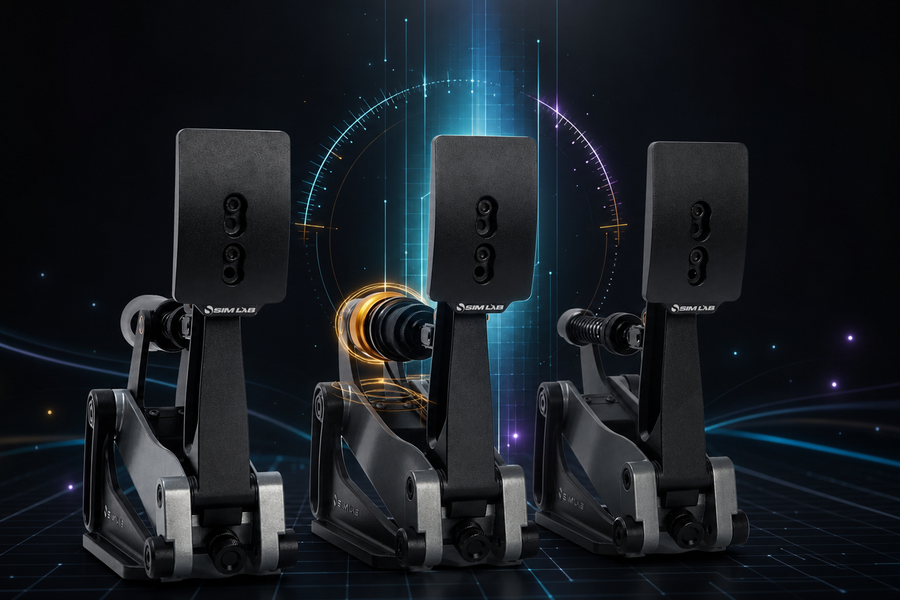 Load-cell sim racing pedals with brake-force, pedal-travel and calibration graphics