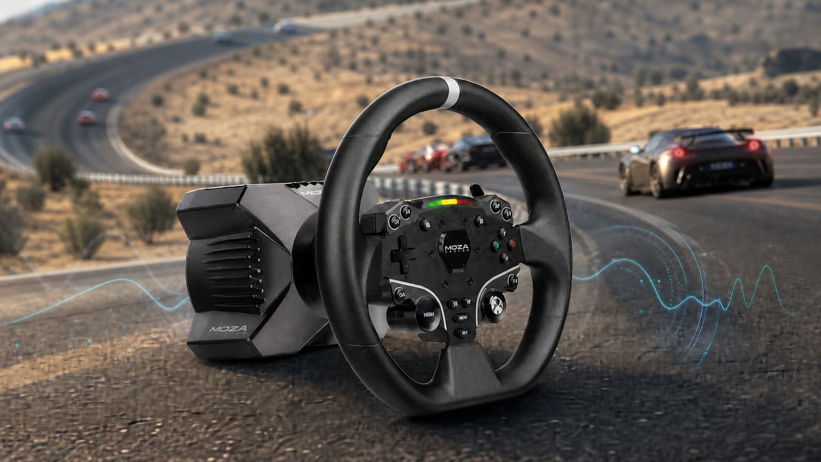 MOZA direct-drive wheel and wheelbase in front of an Assetto Corsa racing scene for force-feedback settings