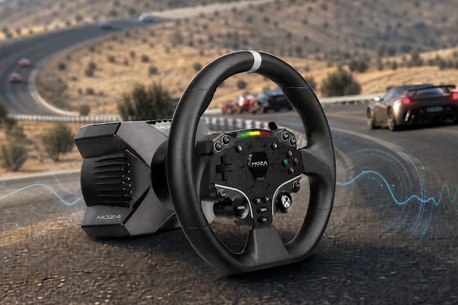 MOZA direct-drive wheel and wheelbase in front of an Assetto Corsa racing scene for force-feedback settings