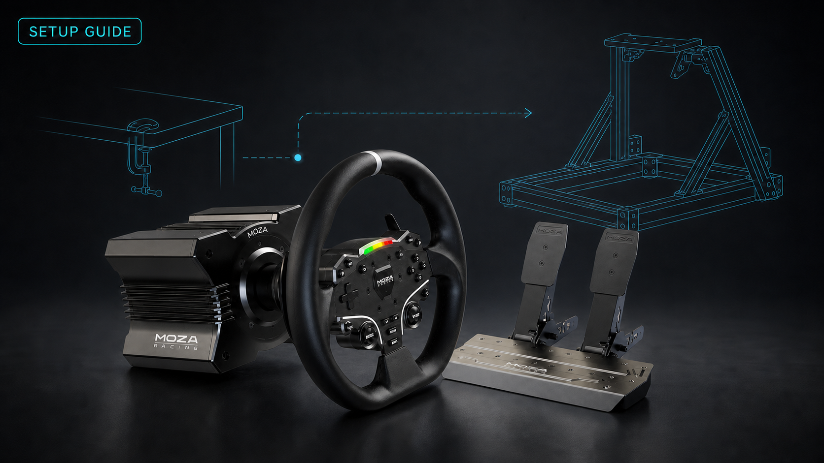 MOZA R3 bundle with direct-drive wheelbase, steering wheel and pedals for a cockpit setup guide