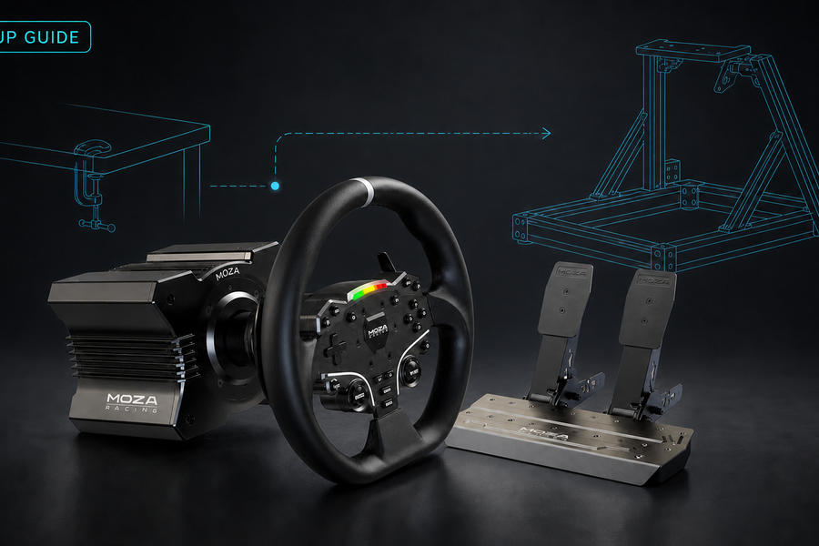 MOZA R3 bundle with direct-drive wheelbase, steering wheel and pedals for a cockpit setup guide