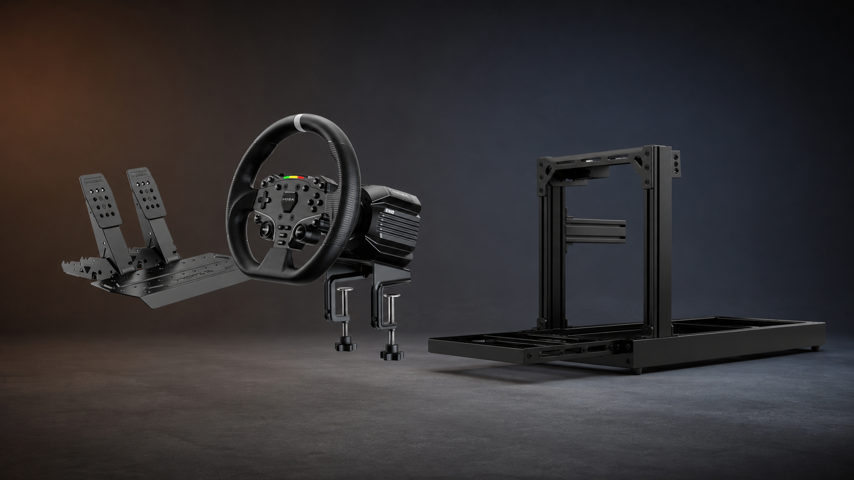 MOZA R5 Pro bundle beside a black SIMGASM Club sim racing cockpit