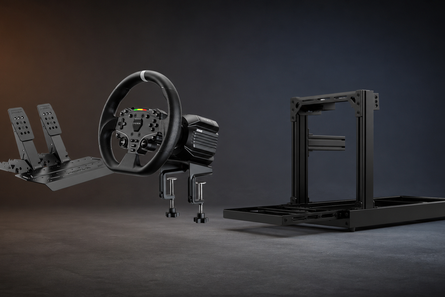 MOZA R5 Pro bundle beside a black SIMGASM Club sim racing cockpit