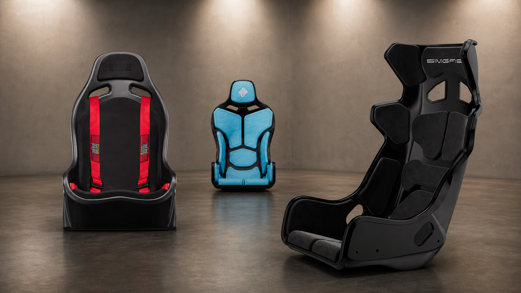 Next Level Racing ES1 beside SIMGASM Atlas GT and Formula bucket seats for a sim racing seat comparison