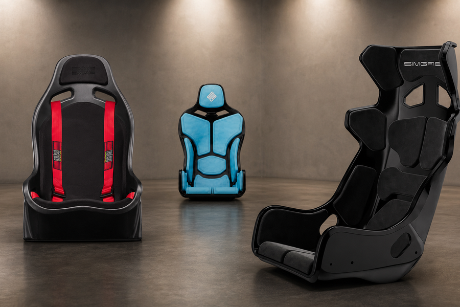 Next Level Racing ES1 beside SIMGASM Atlas GT and Formula bucket seats for a sim racing seat comparison