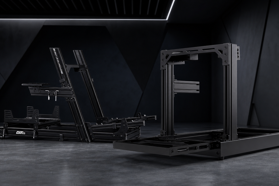 Next Level Racing GTElite and SIMGASM Club 4080 aluminium-profile cockpits in a side-by-side sim racing rig comparison
