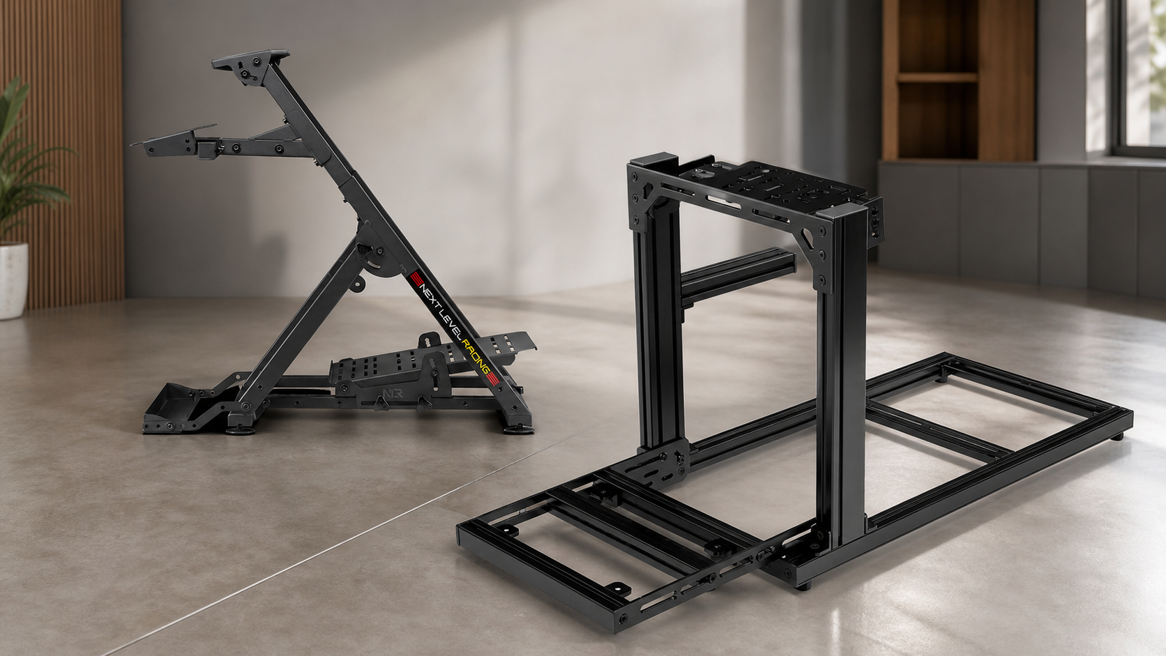 Next Level Racing Wheel Stand 2.0 beside the SIMGASM Hobby aluminium-profile cockpit for a first sim racing rig upgrade comparison