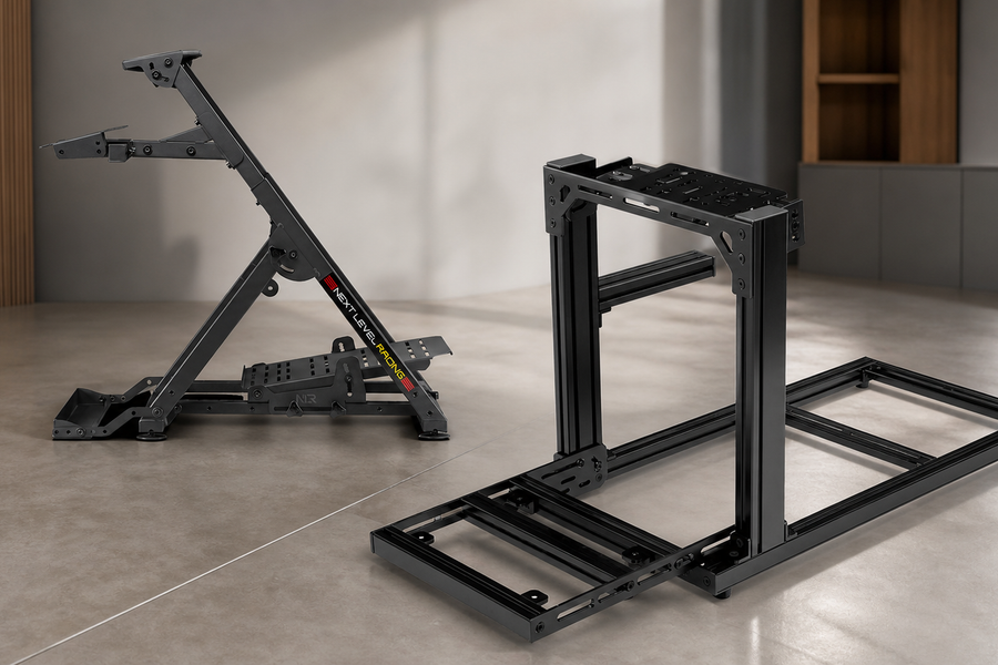 Next Level Racing Wheel Stand 2.0 beside the SIMGASM Hobby aluminium-profile cockpit for a first sim racing rig upgrade comparison