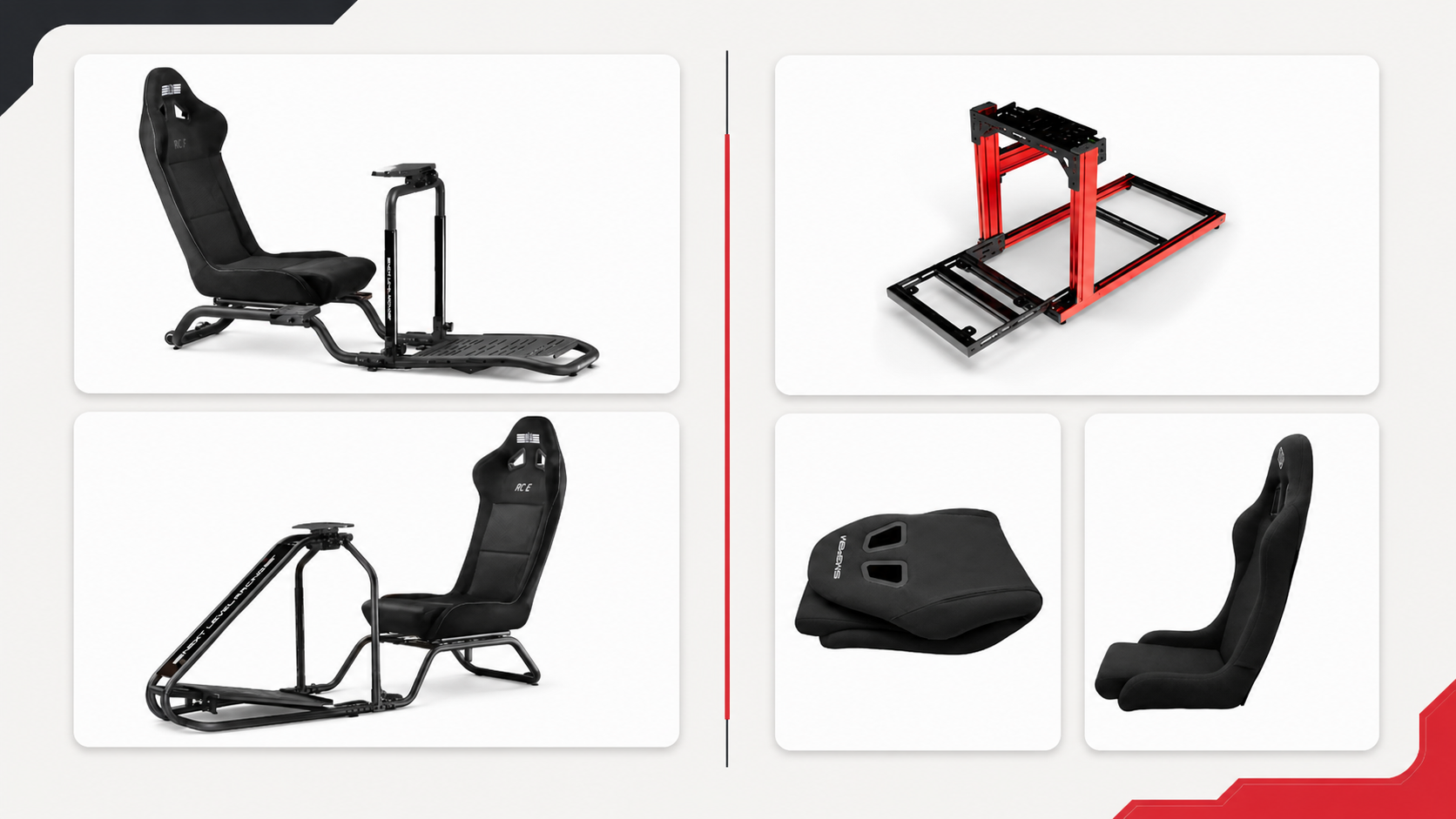 Next Level Racing RC Foldable and RC Essential compared with a red SIMGASM Hobby cockpit and folded and unfolded Core Bucket seats