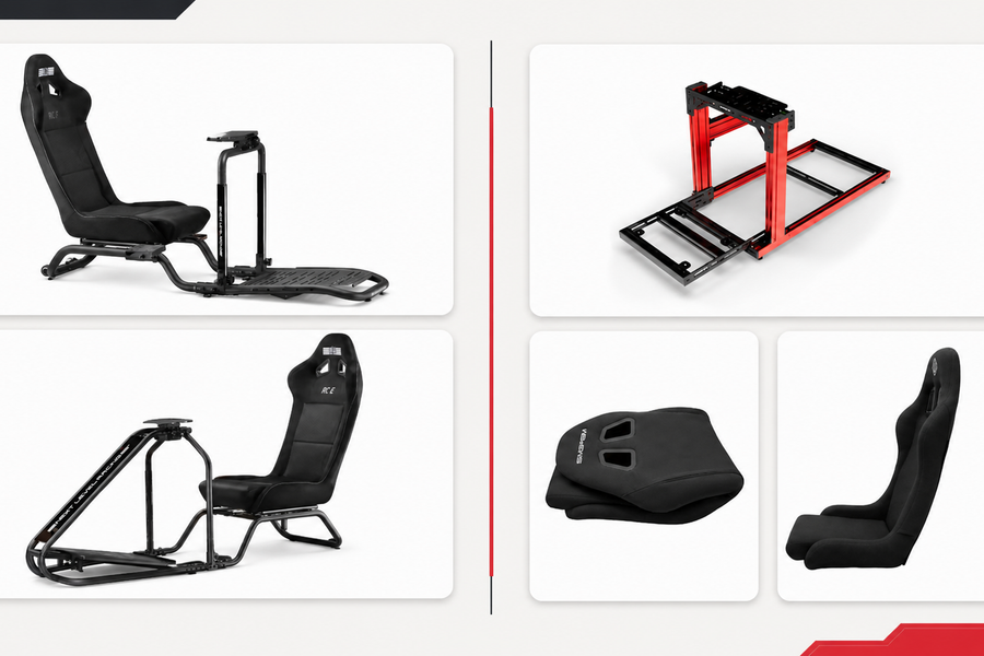 Next Level Racing RC Foldable and RC Essential compared with a red SIMGASM Hobby cockpit and folded and unfolded Core Bucket seats