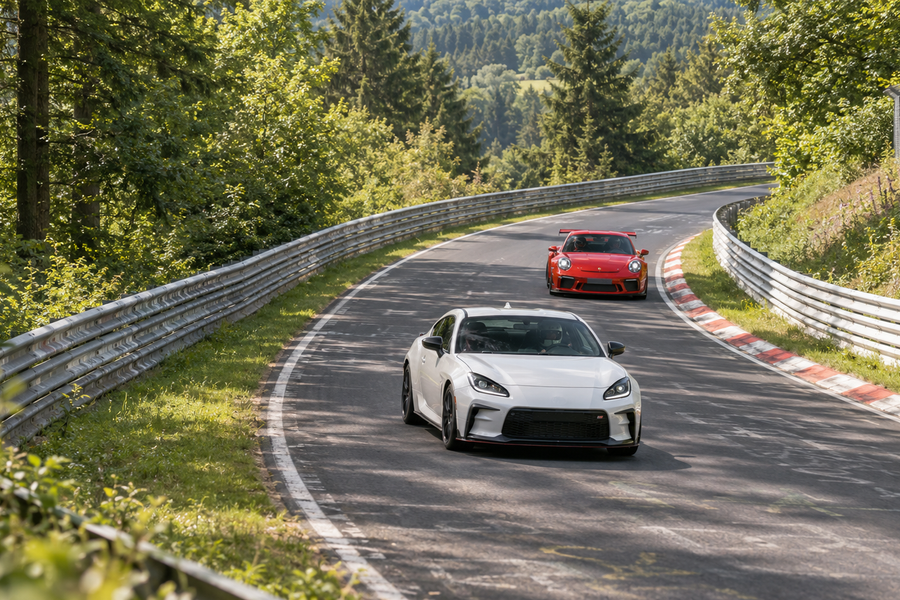 A compact white track car followed at a safe distance by a red GT car on a forested circuit.