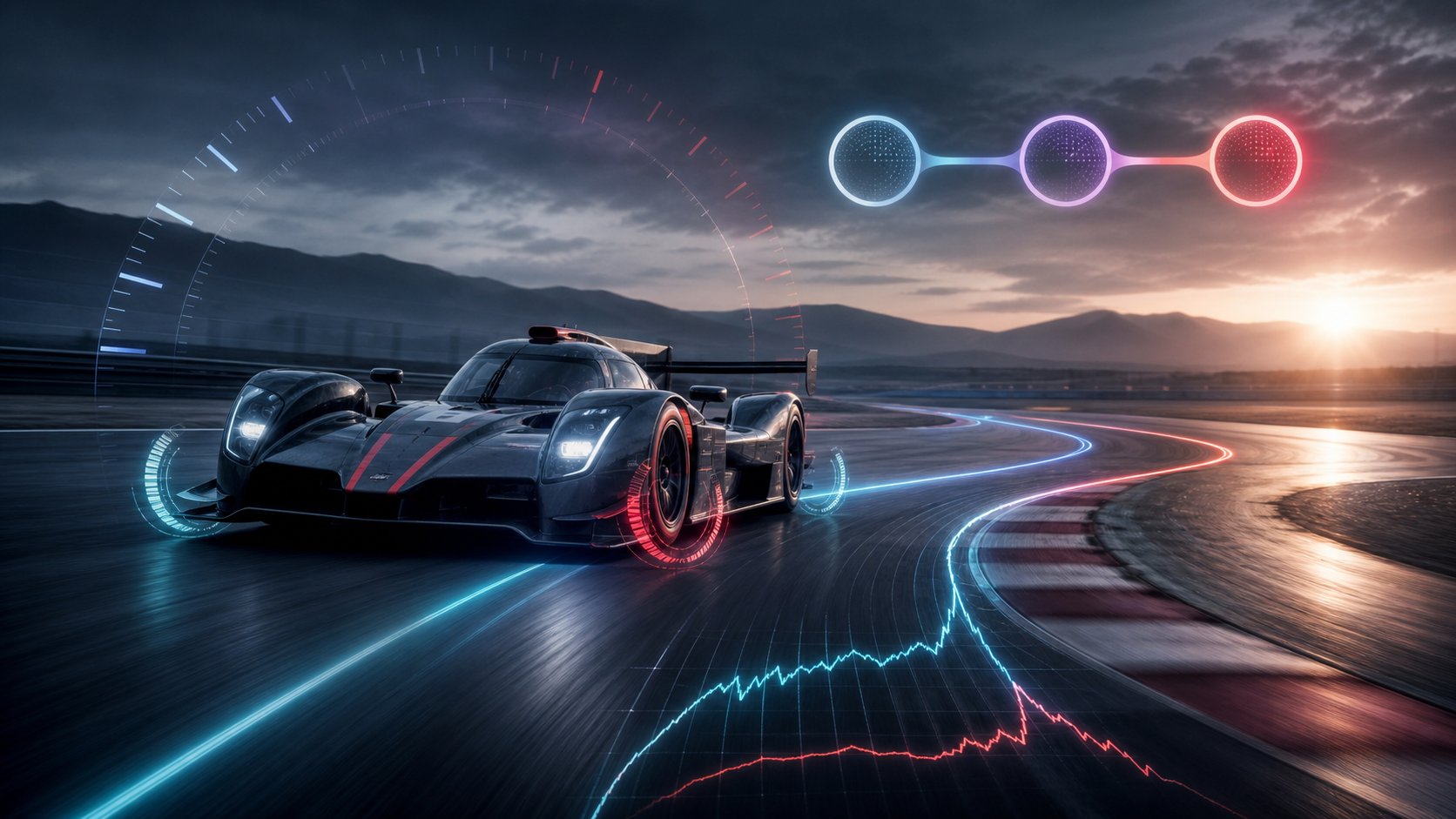 GT race car on a clear circuit with timing and racing-line graphics for a repeatable sim racing qualifying routine