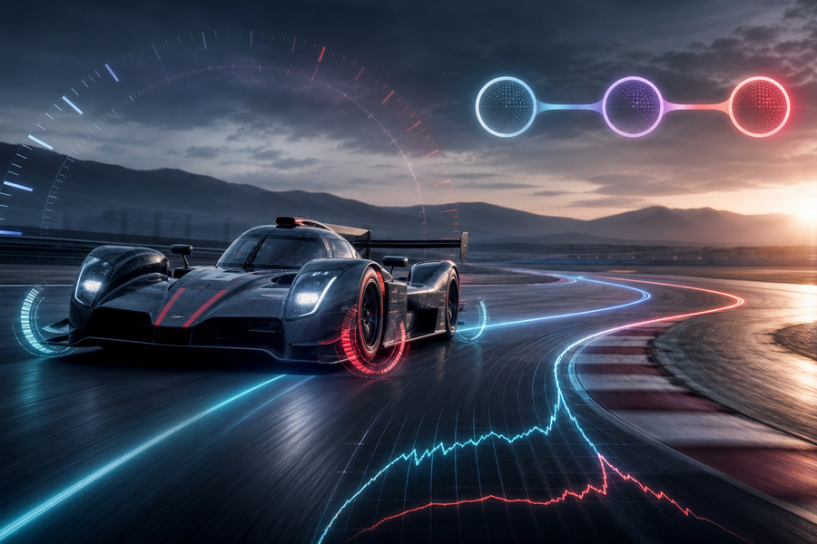 GT race car on a clear circuit with timing and racing-line graphics for a repeatable sim racing qualifying routine