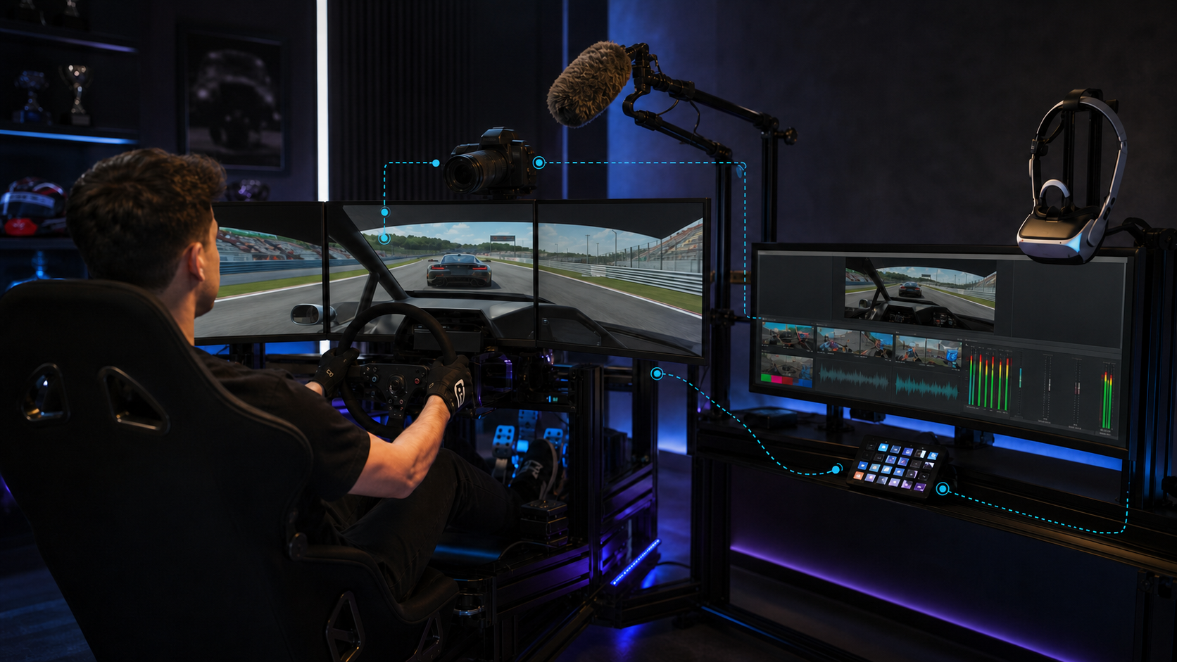 Sim racer recording a triple-screen session with a camera, microphone, streaming controls and VR headset