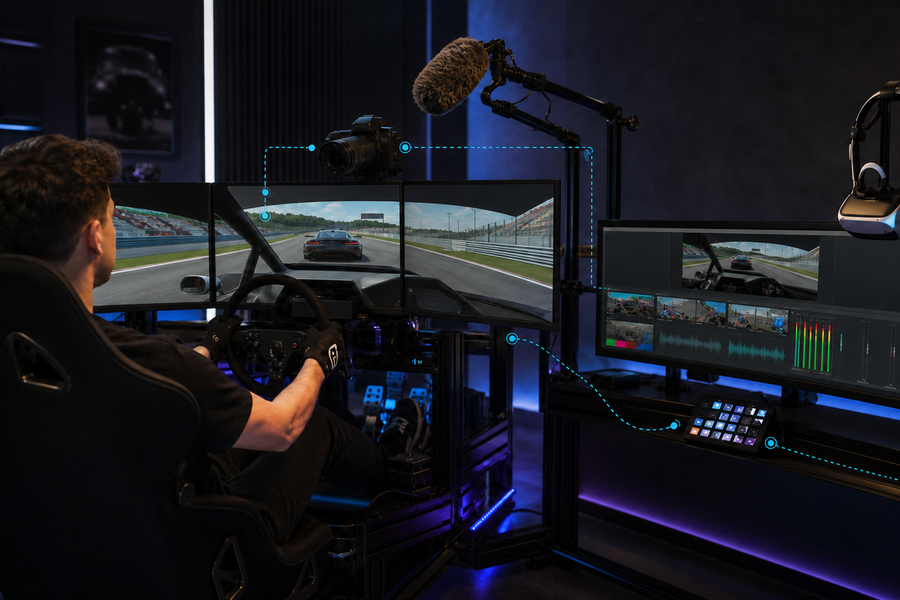 Sim racer recording a triple-screen session with a camera, microphone, streaming controls and VR headset