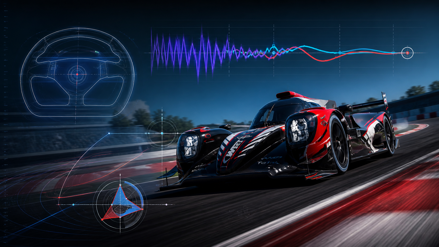 rFactor 2 prototype race car with steering, force-feedback and controller-setting graphics.