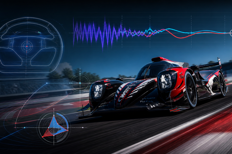 rFactor 2 prototype race car with steering, force-feedback and controller-setting graphics.