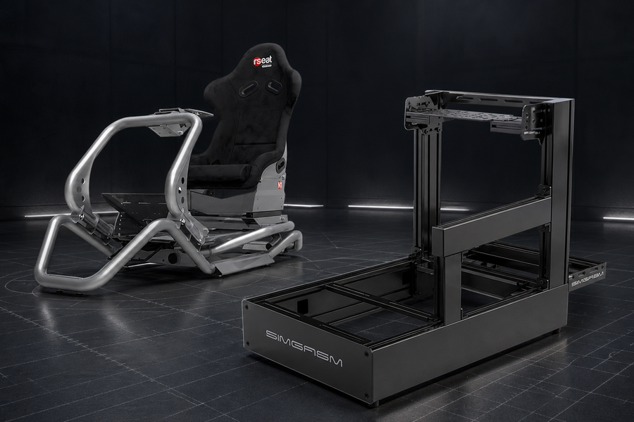 RSeat N1 tubular cockpit beside a SIMGASM Pro aluminium-profile rig in a motion-ready sim racing comparison