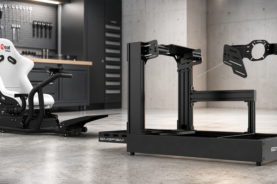 RSeat RS1 wheel deck compared with the SIMGASM Sport aluminium-profile cockpit and modular front wheel mount