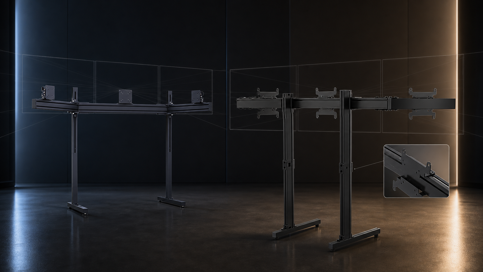 RSeat TX32 and SIMGASM Apex free-standing triple monitor stands compared for stability and VESA alignment